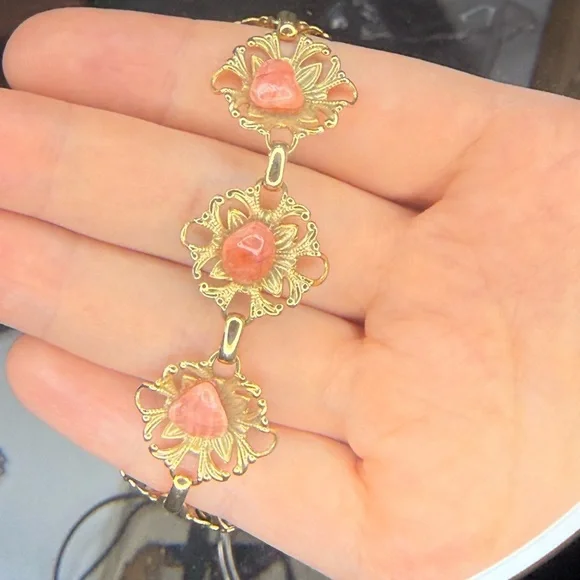 Vintage Gold Floral Link Bracelet with Pink Coral Stone Accents 6.5” - Picture 2 of 5